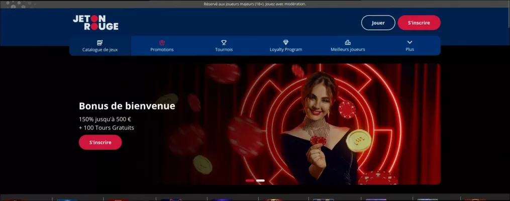 Jeton rouge casino avec bonus 150% jusqu'à 500 € + 100 tours gratuits